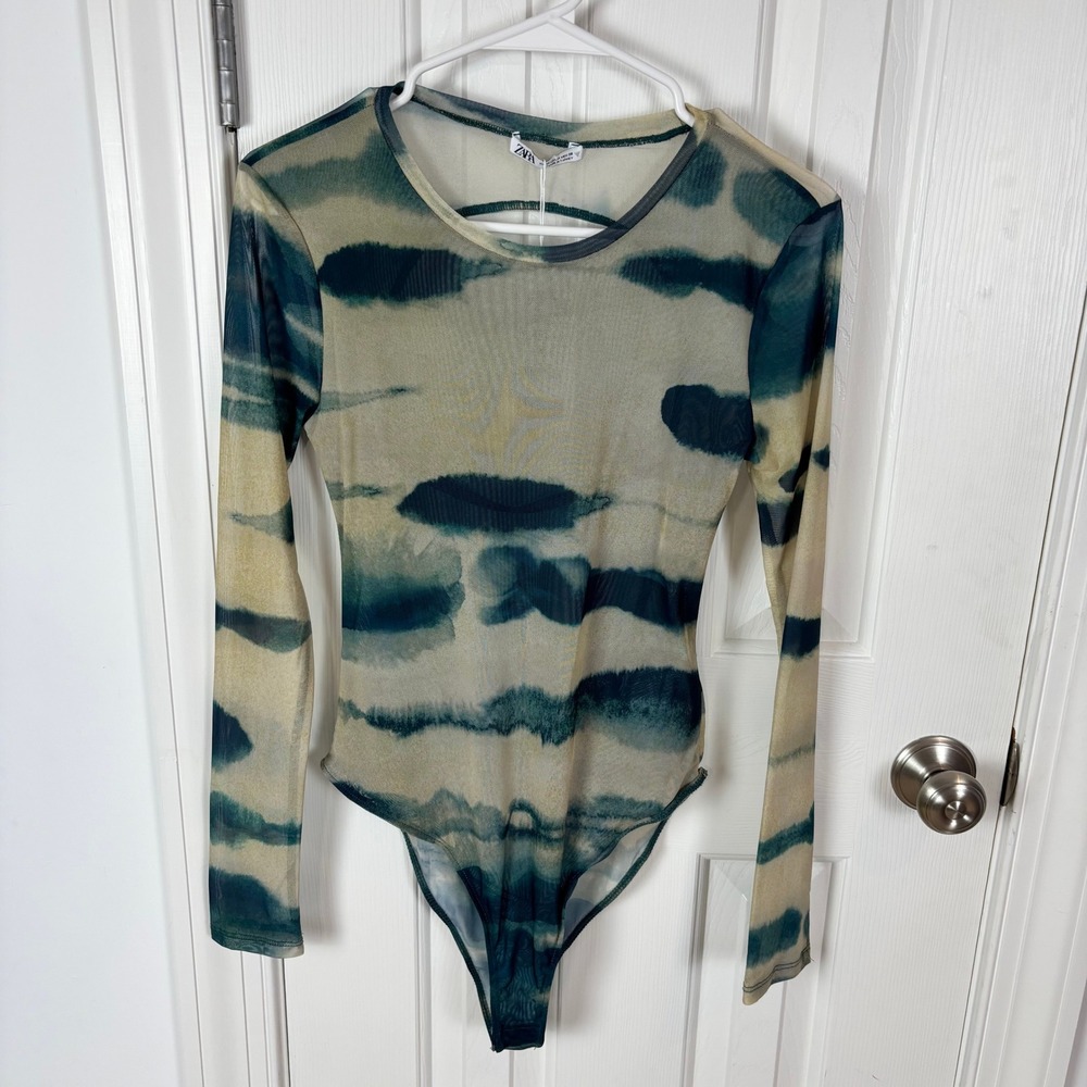 Zara Womens Mesh Long Sleeve Open Back Tie Dye Bodysuit Teal Blue Tan Size M NWT